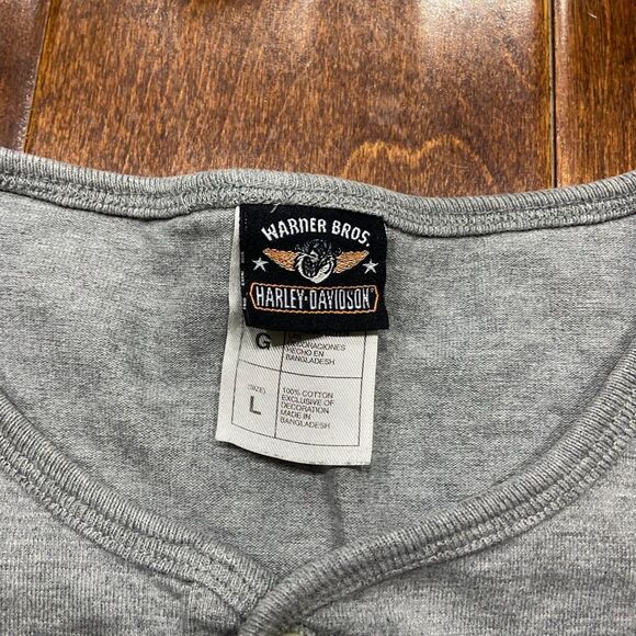 Harley Davidson Wile E Coyote Motorcycle Henley Gray T-Shirt Men's Size Large - Picture 7 of 9